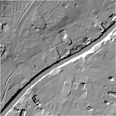 Shaded relief map of the ground around M35GP, computed from Environment Agency LiDAR. The ground here sits at about 28 m above sea level and falls 18 m across the surrounding 800 m. Surface water reaching this point runs off ground lying to the north-north-east, 3.3 m higher.