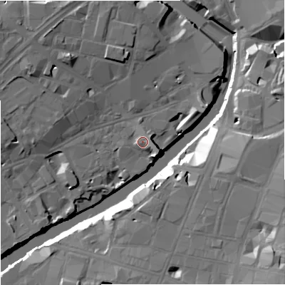 Shaded relief map of the ground around M35JR, computed from Environment Agency LiDAR. The ground here sits at about 29 m above sea level and falls 23 m across the surrounding 800 m. Surface water reaching this point runs off ground lying to the west-north-west, 6.8 m higher.