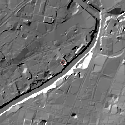 Shaded relief map of the ground around M35JS, computed from Environment Agency LiDAR. The ground here sits at about 28 m above sea level and falls 23 m across the surrounding 800 m. Surface water reaching this point runs off ground lying to the north-west, 7.2 m higher.