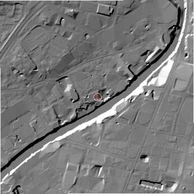 Shaded relief map of the ground around M35LH, computed from Environment Agency LiDAR. The ground here sits at about 26 m above sea level and falls 19 m across the surrounding 800 m. Surface water reaching this point runs off ground lying to the west, 3.1 m higher.