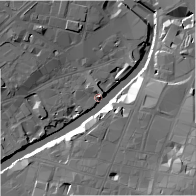 Shaded relief map of the ground around M35NA, computed from Environment Agency LiDAR. The ground here sits at about 27 m above sea level and falls 24 m across the surrounding 800 m. Surface water reaching this point runs off ground lying to the east-south-east, 18.9 m higher.