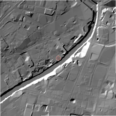 Shaded relief map of the ground around M35ND, computed from Environment Agency LiDAR. The ground here sits at about 27 m above sea level and falls 22 m across the surrounding 800 m. Surface water reaching this point runs off ground lying to the east, 16.6 m higher.