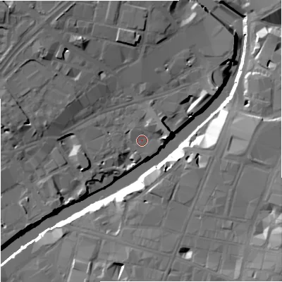 Shaded relief map of the ground around M35NE, computed from Environment Agency LiDAR. The ground here sits at about 27 m above sea level and falls 21 m across the surrounding 800 m. Surface water reaching this point runs off ground lying to the north, 0.9 m higher.