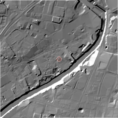Shaded relief map of the ground around M35NG, computed from Environment Agency LiDAR. The ground here sits at about 28 m above sea level and falls 20 m across the surrounding 800 m. Surface water reaching this point runs off ground lying to the north-west, 6.7 m higher.