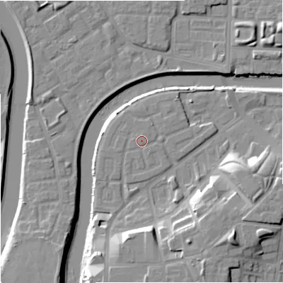 Shaded relief map of the ground around M36AB, computed from Environment Agency LiDAR. The ground here sits at about 28 m above sea level and falls 17 m across the surrounding 800 m. Surface water reaching this point runs off ground lying to the north, 0.7 m higher.
