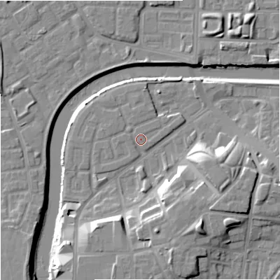 Shaded relief map of the ground around M36AG, computed from Environment Agency LiDAR. The ground here sits at about 28 m above sea level and falls 17 m across the surrounding 800 m. Surface water reaching this point runs off ground lying to the south-east, 12.7 m higher.