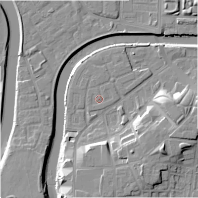 Shaded relief map of the ground around M36AH, computed from Environment Agency LiDAR. The ground here sits at about 28 m above sea level and falls 17 m across the surrounding 800 m. Surface water reaching this point runs off ground lying to the north-north-east, 0.6 m higher.