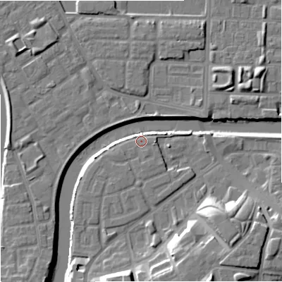 Shaded relief map of the ground around M36AP, computed from Environment Agency LiDAR. The ground here sits at about 28 m above sea level and falls 17 m across the surrounding 800 m. Surface water reaching this point runs off ground lying to the east, 0.7 m higher.