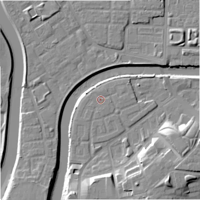 Shaded relief map of the ground around M36AQ, computed from Environment Agency LiDAR. The ground here sits at about 28 m above sea level and falls 17 m across the surrounding 800 m. Surface water reaching this point runs off ground lying to the east-north-east, 1.0 m higher.