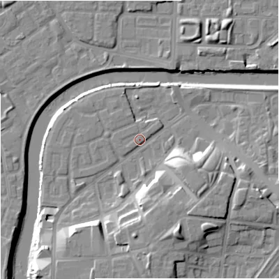 Shaded relief map of the ground around M36AR, computed from Environment Agency LiDAR. The ground here sits at about 28 m above sea level and falls 17 m across the surrounding 800 m. Surface water reaching this point runs off ground lying to the south-south-east, 12.7 m higher.