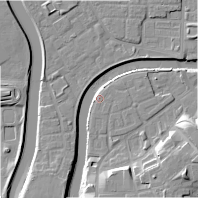 Shaded relief map of the ground around M36AS, computed from Environment Agency LiDAR. The ground here sits at about 28 m above sea level and falls 17 m across the surrounding 800 m. Surface water reaching this point runs off ground lying to the south, 11.7 m higher.
