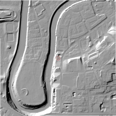 Shaded relief map of the ground around M36DN, computed from Environment Agency LiDAR. The ground here sits at about 30 m above sea level and falls 17 m across the surrounding 800 m. Surface water reaching this point runs off ground lying to the south, 8.6 m higher.