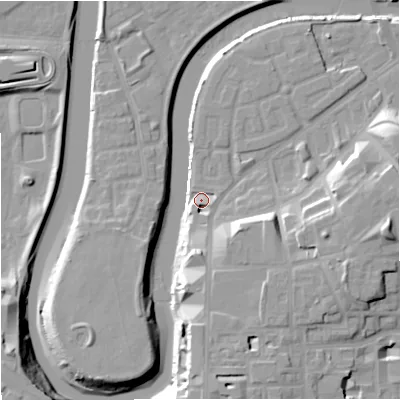 Shaded relief map of the ground around M36DZ, computed from Environment Agency LiDAR. The ground here sits at about 29 m above sea level and falls 18 m across the surrounding 800 m. Surface water reaching this point runs off ground lying to the south-south-west, 4.7 m higher.