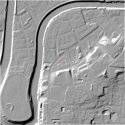 Shaded relief map of the ground around M36EE, computed from Environment Agency LiDAR. The ground here sits at about 29 m above sea level and falls 17 m across the surrounding 800 m. Surface water reaching this point runs off ground lying to the south-south-west, 8.4 m higher.
