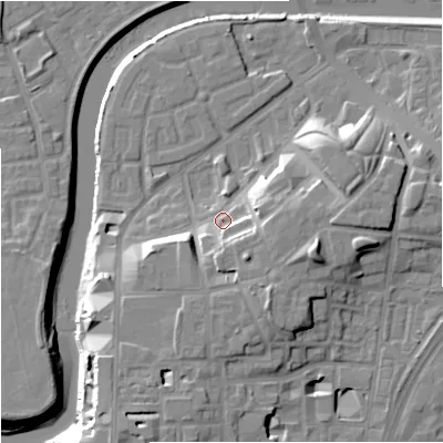 Shaded relief map of the ground around M36EG, computed from Environment Agency LiDAR. The ground here sits at about 31 m above sea level and falls 17 m across the surrounding 800 m. Surface water reaching this point runs off ground lying to the south-east, 7.8 m higher.