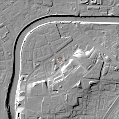 Shaded relief map of the ground around M36FE, computed from Environment Agency LiDAR. The ground here sits at about 28 m above sea level and falls 17 m across the surrounding 800 m. Surface water reaching this point runs off ground lying to the south-east, 9.5 m higher.