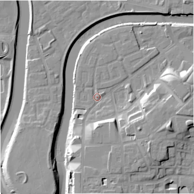 Shaded relief map of the ground around M36FY, computed from Environment Agency LiDAR. The ground here sits at about 28 m above sea level and falls 17 m across the surrounding 800 m. Surface water reaching this point runs off ground lying to the south, 9.7 m higher.