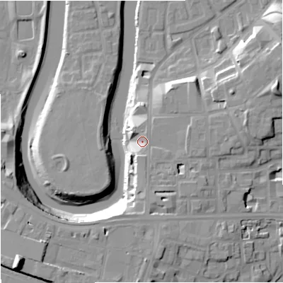 Shaded relief map of the ground around M36GH, computed from Environment Agency LiDAR. The ground here sits at about 34 m above sea level and falls 24 m across the surrounding 800 m. Surface water reaching this point runs off ground lying to the south, 5.0 m higher.