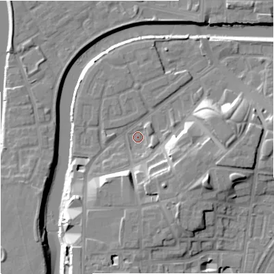 Shaded relief map of the ground around M36HU, computed from Environment Agency LiDAR. The ground here sits at about 27 m above sea level and falls 17 m across the surrounding 800 m. Surface water reaching this point runs off ground lying to the south-south-east, 9.9 m higher.