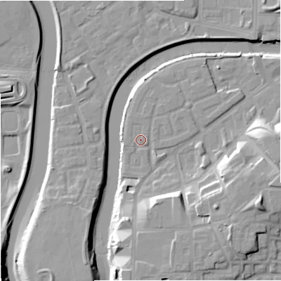 Shaded relief map of the ground around M36JG, computed from Environment Agency LiDAR. The ground here sits at about 28 m above sea level and falls 17 m across the surrounding 800 m. Surface water reaching this point runs off ground lying to the south, 1.6 m higher.