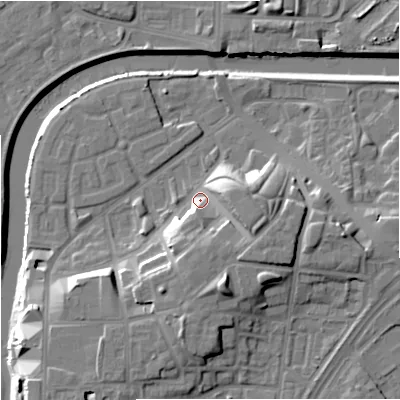 Shaded relief map of the ground around M36JH, computed from Environment Agency LiDAR. The ground here sits at about 30 m above sea level and falls 17 m across the surrounding 800 m. Surface water reaching this point runs off ground lying to the south-east, 9.4 m higher.