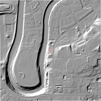 Shaded relief map of the ground around M36JN, computed from Environment Agency LiDAR. The ground here sits at about 31 m above sea level and falls 17 m across the surrounding 800 m. Surface water reaching this point runs off ground lying to the south, 4.9 m higher.