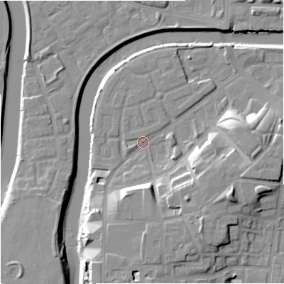 Shaded relief map of the ground around M36LZ, computed from Environment Agency LiDAR. The ground here sits at about 28 m above sea level and falls 17 m across the surrounding 800 m. Surface water reaching this point runs off ground lying to the east-south-east, 12.6 m higher.
