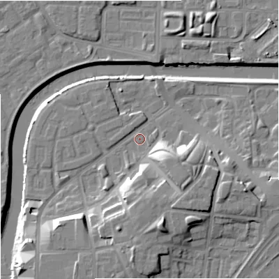 Shaded relief map of the ground around M36WB, computed from Environment Agency LiDAR. The ground here sits at about 28 m above sea level and falls 17 m across the surrounding 800 m. Surface water reaching this point runs off ground lying to the south-south-east, 12.7 m higher.