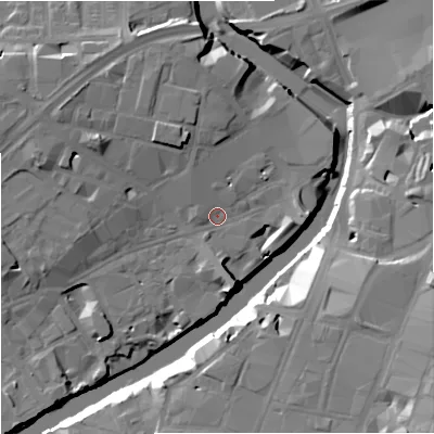 Shaded relief map of the ground around M37AA, computed from Environment Agency LiDAR. The ground here sits at about 27 m above sea level and falls 21 m across the surrounding 800 m. Surface water reaching this point runs off ground lying to the north-west, 10.7 m higher.
