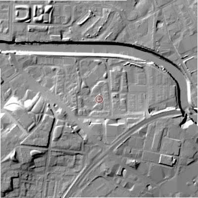 Shaded relief map of the ground around M37AD, computed from Environment Agency LiDAR. The ground here sits at about 29 m above sea level and falls 18 m across the surrounding 800 m. Surface water reaching this point runs off ground lying to the south-south-east, 5.9 m higher.