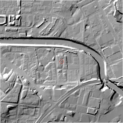 Shaded relief map of the ground around M37AF, computed from Environment Agency LiDAR. The ground here sits at about 28 m above sea level and falls 18 m across the surrounding 800 m. Surface water reaching this point runs off ground lying to the south, 6.7 m higher.