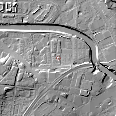 Shaded relief map of the ground around M37AL, computed from Environment Agency LiDAR. The ground here sits at about 30 m above sea level and falls 18 m across the surrounding 800 m. Surface water reaching this point runs off ground lying to the south-south-east, 5.2 m higher.