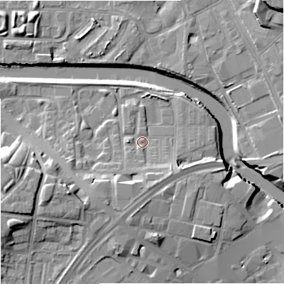 Shaded relief map of the ground around M37AR, computed from Environment Agency LiDAR. The ground here sits at about 29 m above sea level and falls 18 m across the surrounding 800 m. Surface water reaching this point runs off ground lying to the south, 5.5 m higher.