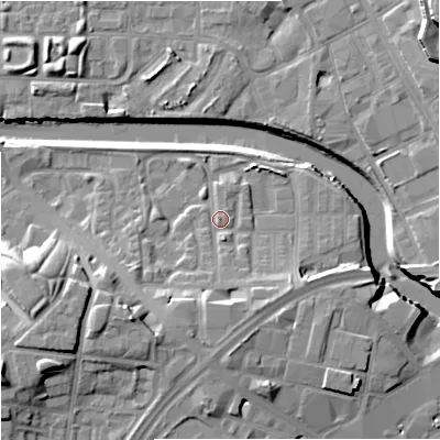 Shaded relief map of the ground around M37AS, computed from Environment Agency LiDAR. The ground here sits at about 29 m above sea level and falls 18 m across the surrounding 800 m. Surface water reaching this point runs off ground lying to the south, 6.5 m higher.