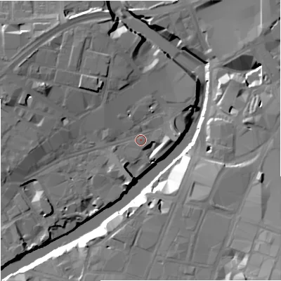 Shaded relief map of the ground around M37BA, computed from Environment Agency LiDAR. The ground here sits at about 27 m above sea level and falls 24 m across the surrounding 800 m. Surface water reaching this point runs off ground lying to the west-north-west, 10.7 m higher.