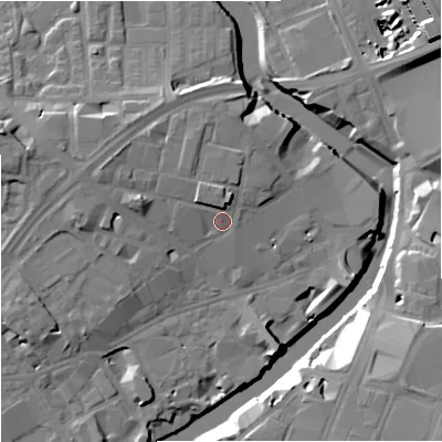Shaded relief map of the ground around M37BJ, computed from Environment Agency LiDAR. The ground here sits at about 30 m above sea level and falls 19 m across the surrounding 800 m. Surface water reaching this point runs off ground lying to the north, 3.7 m higher.