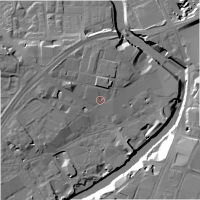 Shaded relief map of the ground around M37BL, computed from Environment Agency LiDAR. The ground here sits at about 29 m above sea level and falls 19 m across the surrounding 800 m. Surface water reaching this point runs off ground lying to the north-west, 2.4 m higher.