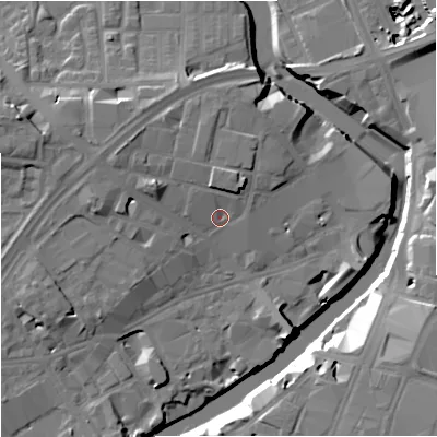 Shaded relief map of the ground around M37BW, computed from Environment Agency LiDAR. The ground here sits at about 30 m above sea level and falls 18 m across the surrounding 800 m. Surface water reaching this point runs off ground lying to the north-west, 2.3 m higher.