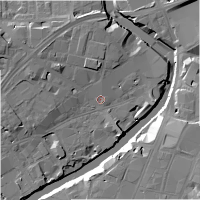 Shaded relief map of the ground around M37BX, computed from Environment Agency LiDAR. The ground here sits at about 28 m above sea level and falls 19 m across the surrounding 800 m. Surface water reaching this point runs off ground lying to the north-west, 6.9 m higher.