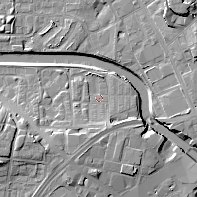 Shaded relief map of the ground around M37EH, computed from Environment Agency LiDAR. The ground here sits at about 28 m above sea level and falls 19 m across the surrounding 800 m. Surface water reaching this point runs off ground lying to the south, 6.3 m higher.