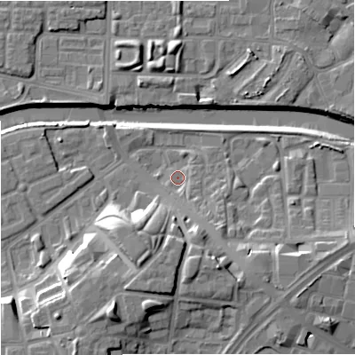 Shaded relief map of the ground around M37ER, computed from Environment Agency LiDAR. The ground here sits at about 28 m above sea level and falls 17 m across the surrounding 800 m. Surface water reaching this point runs off ground lying to the south-south-east, 3.8 m higher.