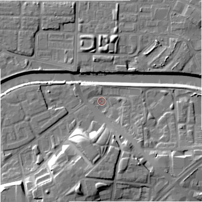 Shaded relief map of the ground around M37ES, computed from Environment Agency LiDAR. The ground here sits at about 27 m above sea level and falls 17 m across the surrounding 800 m. Surface water reaching this point runs off ground lying to the south-east, 5.2 m higher.