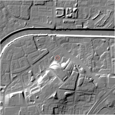 Shaded relief map of the ground around M37EU, computed from Environment Agency LiDAR. The ground here sits at about 28 m above sea level and falls 17 m across the surrounding 800 m. Surface water reaching this point runs off ground lying to the south-south-east, 10.4 m higher.