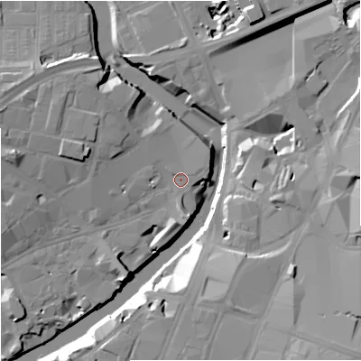 Shaded relief map of the ground around M37FA, computed from Environment Agency LiDAR. The ground here sits at about 27 m above sea level and falls 22 m across the surrounding 800 m. Surface water reaching this point runs off ground lying to the west-north-west, 5.9 m higher.