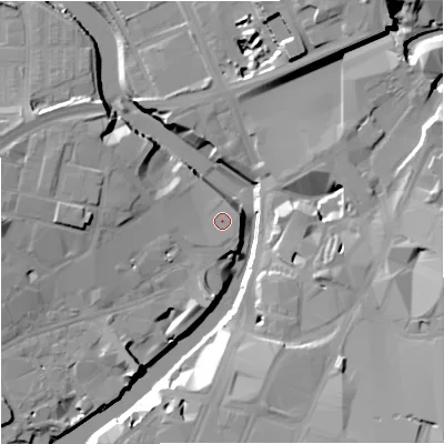 Shaded relief map of the ground around M37FB, computed from Environment Agency LiDAR. The ground here sits at about 29 m above sea level and falls 22 m across the surrounding 800 m. Surface water reaching this point runs off ground lying to the east-north-east, 1.4 m higher.