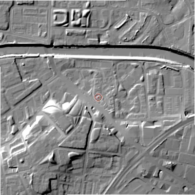 Shaded relief map of the ground around M37FD, computed from Environment Agency LiDAR. The ground here sits at about 30 m above sea level and falls 17 m across the surrounding 800 m. Surface water reaching this point runs off ground lying to the south-south-east, 2.9 m higher.