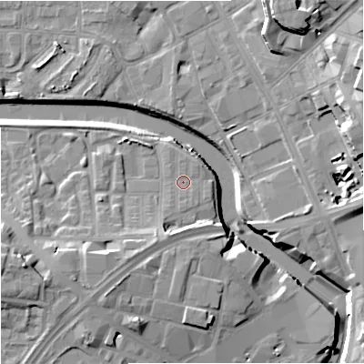 Shaded relief map of the ground around M37FE, computed from Environment Agency LiDAR. The ground here sits at about 28 m above sea level and falls 19 m across the surrounding 800 m. Surface water reaching this point runs off ground lying to the south, 1.0 m higher.