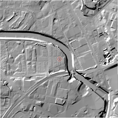 Shaded relief map of the ground around M37FF, computed from Environment Agency LiDAR. The ground here sits at about 28 m above sea level and falls 20 m across the surrounding 800 m. Surface water reaching this point runs off ground lying to the south-south-west, 1.0 m higher.