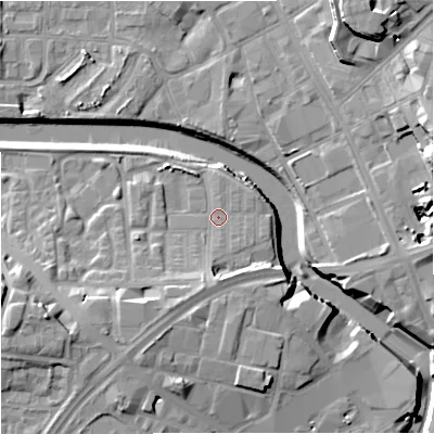 Shaded relief map of the ground around M37FH, computed from Environment Agency LiDAR. The ground here sits at about 28 m above sea level and falls 19 m across the surrounding 800 m. Surface water reaching this point runs off ground lying to the south-south-west, 5.5 m higher.