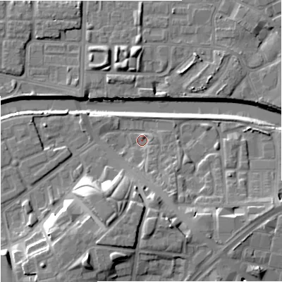 Shaded relief map of the ground around M37FQ, computed from Environment Agency LiDAR. The ground here sits at about 27 m above sea level and falls 17 m across the surrounding 800 m. Surface water reaching this point runs off ground lying to the south-south-east, 5.2 m higher.